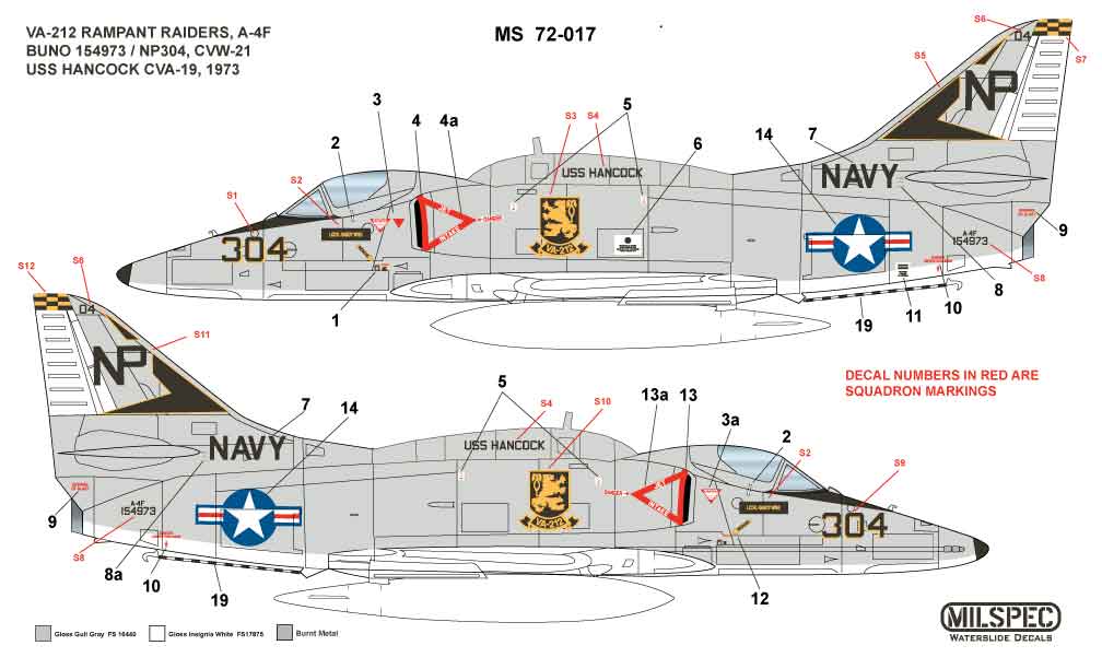 CAM Decals Milspec MS 72-017 obtisky 1/72 A-4F VA-212