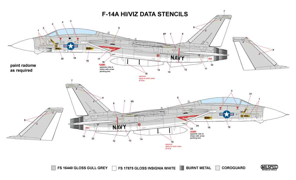 CAM Decals MILSPEC MS 48-004 obtisky 1/48 F-14A popisky