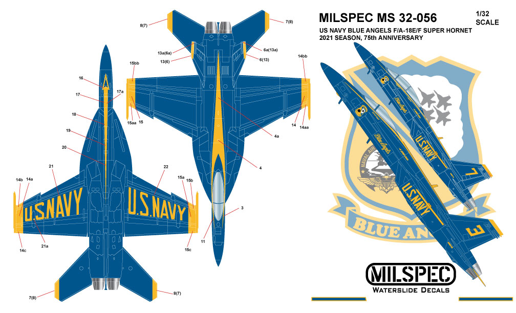 CAM Decals MILSPEC MS 32-056 obtisky 1/32 F/A-18E/F Blue Angels