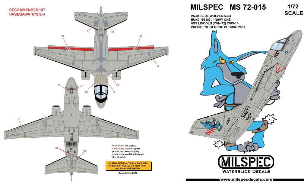 CAM Decals MILSPEC MS 72-015 obtisky 1/72 S-3B Viking VS-35