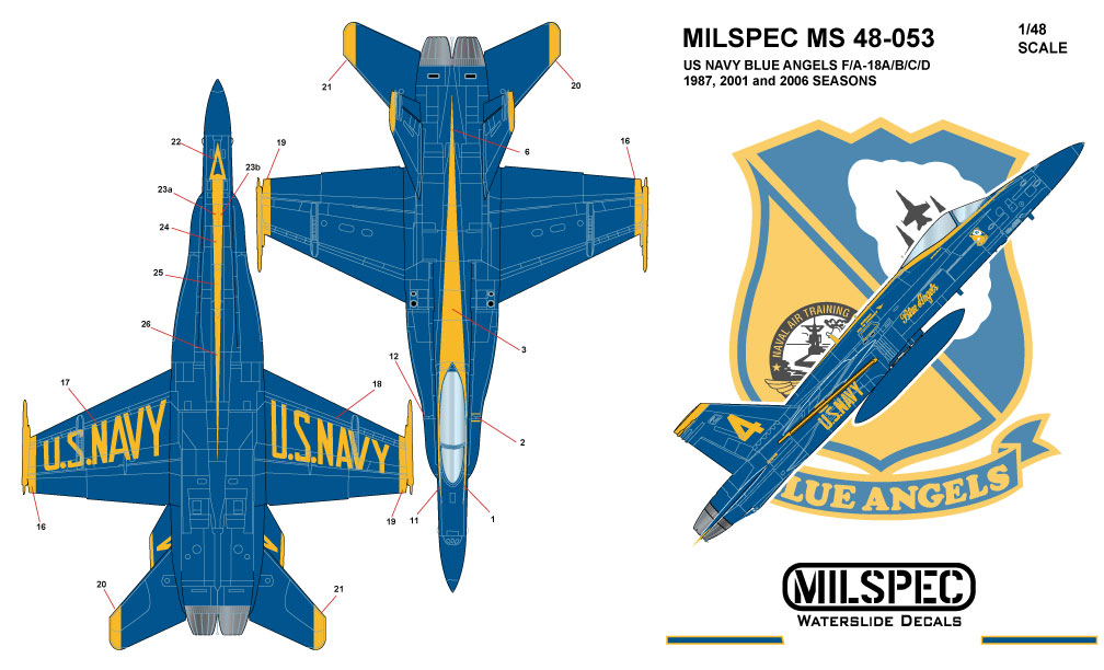 CAM Decals MILSPEC MS 48-053 obtisky 1/48 F/A-18 Blue Angels