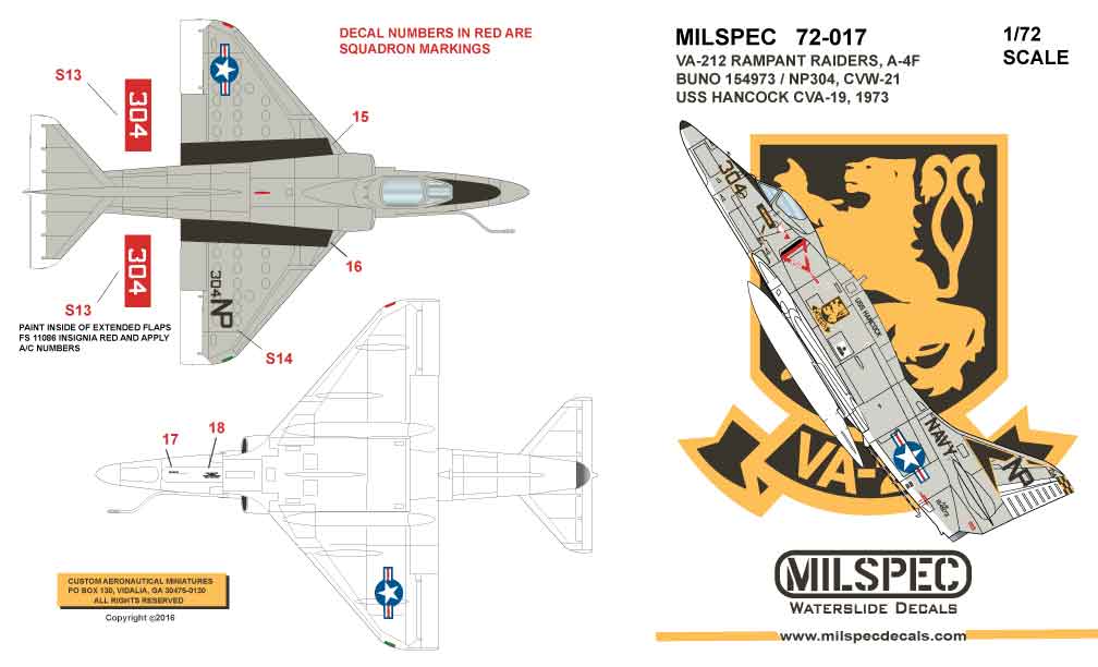 CAM Decals Milspec MS 72-017 obtisky 1/72 A-4F VA-212