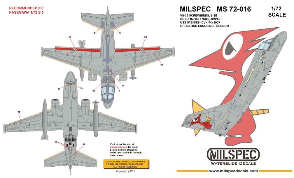 CAM Decals MILSPEC MS 72-016 obtisky 1/72 S-3B Viking VS-33